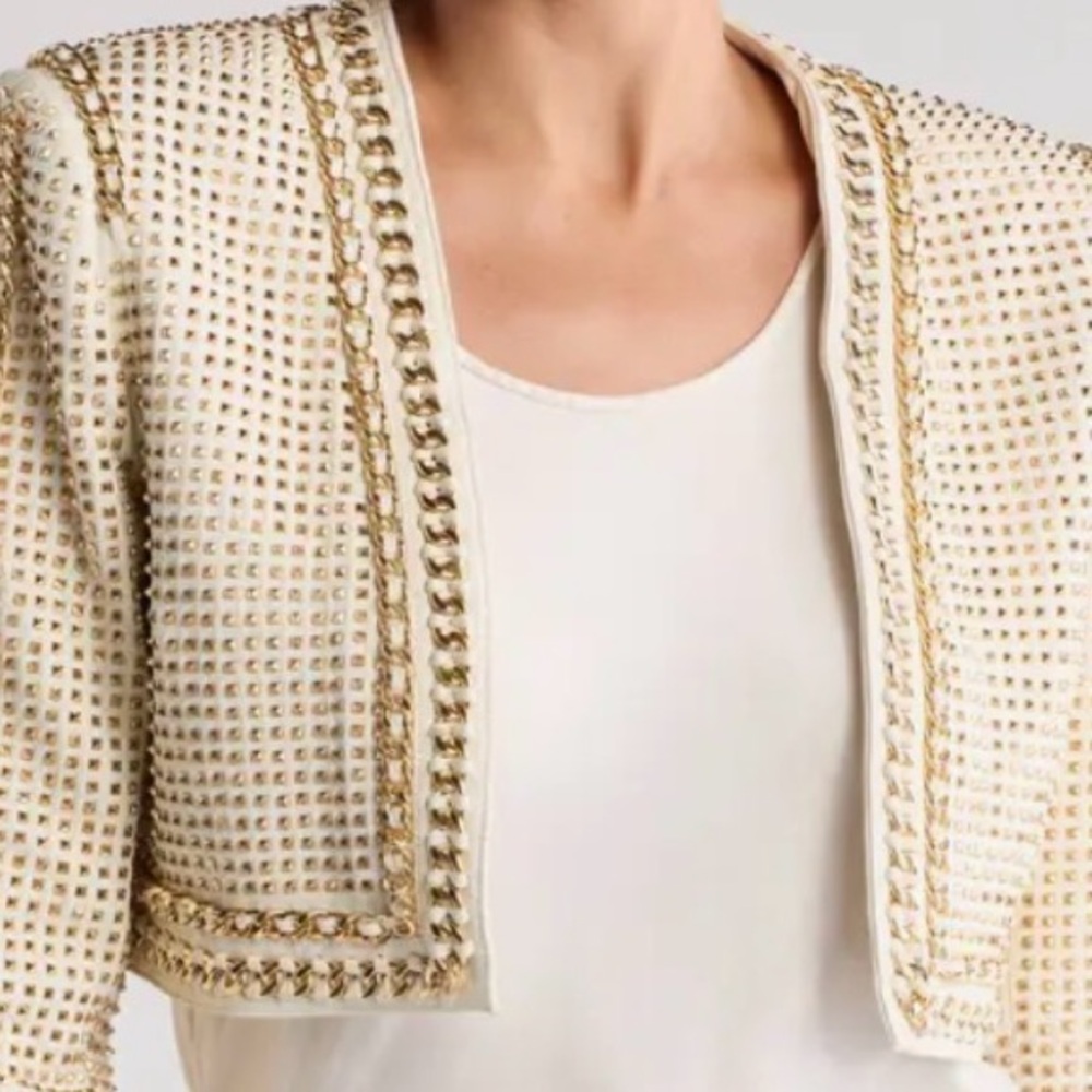 Alice + Olivia MAIRA Cropped Leather Jacket with Chain Trim - Picture 7 of 10